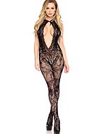 Sexy bodystocking, open crotch, floral lace, keyhole