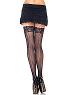 Thigh high stay-ups, small fishnet, lace edge, patterned back seam