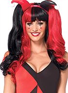 Female harlequin, long wig, bangs, curls, bunches, two tone color