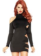 Sexy mini dress, halterneck, long sleeves, cold shoulder, cut out
