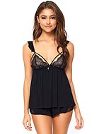 Top and shorts pajamas, ruffles, straps over bust, lace cups