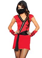 Female ninja (aka kunoichi), costume dress, hood, sash, dragon