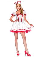 Nurse, costume dress, ruffle trim, bows, puff sleeves