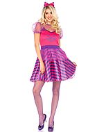 Weibliche Grinsekatze aus Alice im Wunderland, Kostüm-Kleid, Puffärmel, Schwanz, bunte Streifen