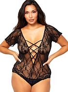 Teddy, lace, crossing straps, short sleeves, plus size