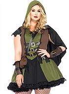 Kvinnelig Robin Hood, kostyme-kjole, kniplinger, belte, kappe, S til 4XL