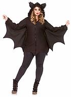 Female bat, costume dress, hood, front zipper, wings, ears, XL to 4XL