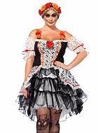 Day of the Dead (woman), costume dress, ruffles, cold shoulder, flowers, skulls, plus size