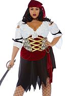 Kvinnelig pirat, kostyme-kjole, volangkant, sløyfebånd, filleristing, XL til 4XL