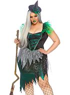 Forest witch, costume dress, lacing, glitter, tatters, XL to 4XL