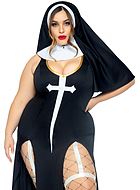 Nun, costume dress, high slit, built-in garter belt strap, christian cross, plus size