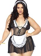 French maid, costume babydoll, sheer mesh, lace trim, deep neckline, plus size