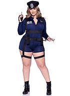 Politibetjent, kostyme-romper, lange ermer, glidelås på forsiden, plus size