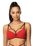 Push-up bra, straps over bust, lace cups, rings