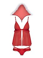 Female Santa Claus, lingerie costume, marabou trim, hood