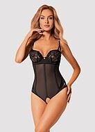 Seductive teddy, open crotch, luxurious lace, mesh inlay